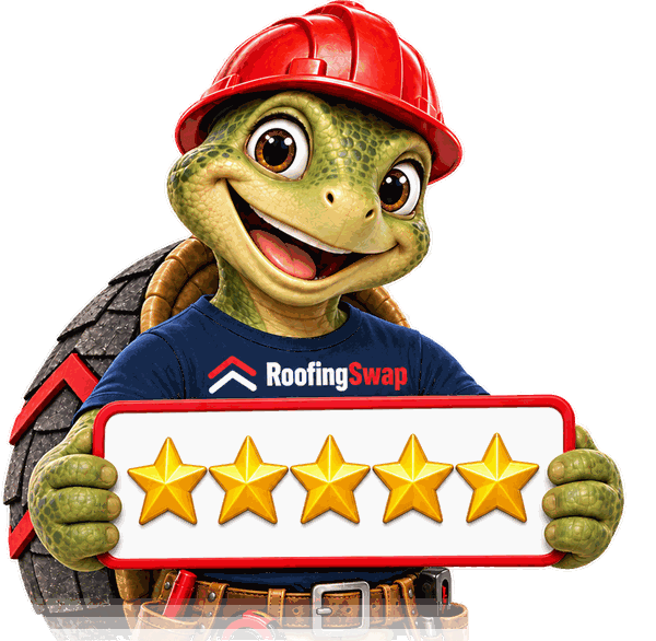 RoofingSwap turtle mascot in a red hard hat holding a five-star sign